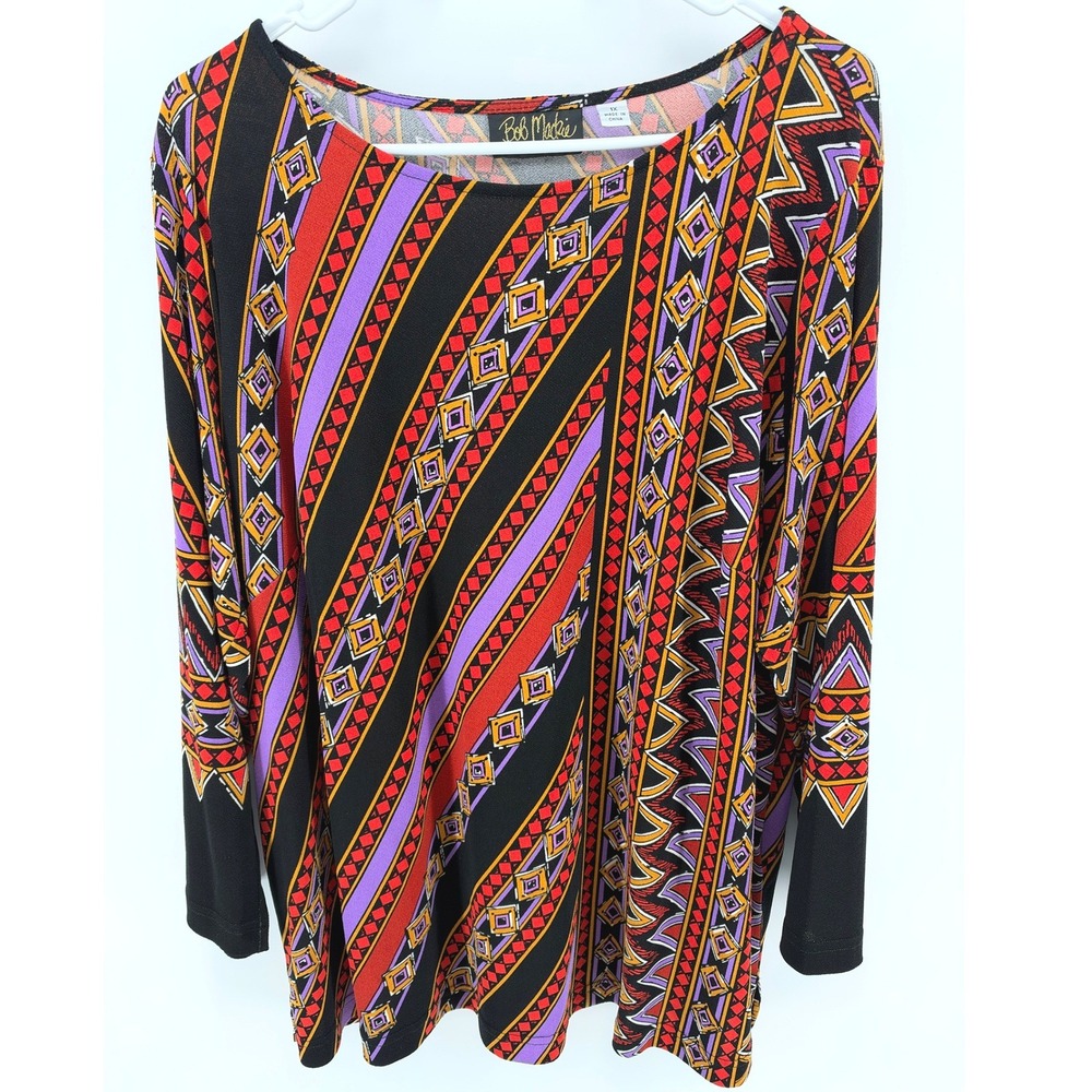 Bob Mackie Wearable Art Tunic Top Women 1X Red Purple Geometric Maximalist Retro
